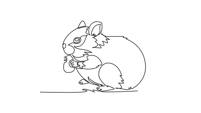 Self drawing animation of single line draw adorable pet hamster nibbling food held in its tiny paw, capturing playful rodent behavior, charming domestic pet care. Continuous line. Full length animated