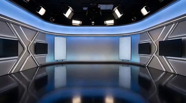 A modern virtual television set with professional studio lights, video screens, and glossy reflective floor
