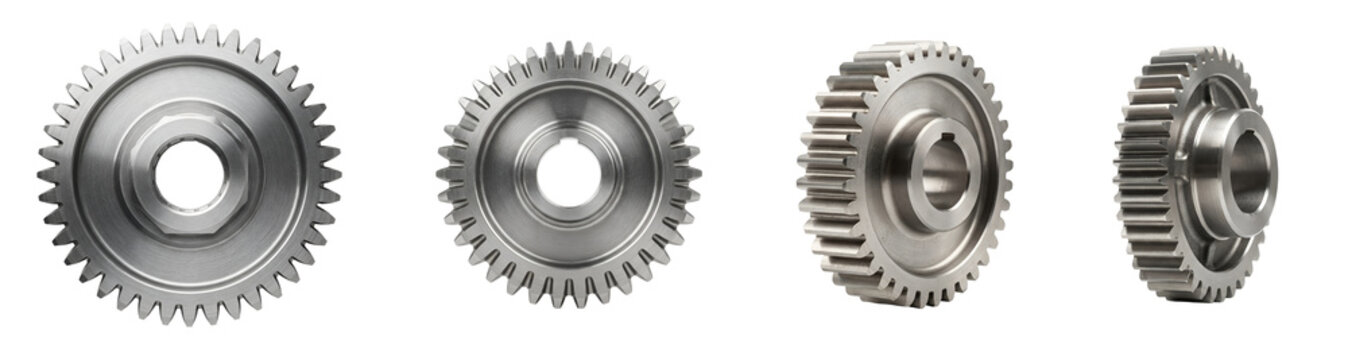 Four metal gears on a transparent background, showcasing their intricate details and mechanical design
