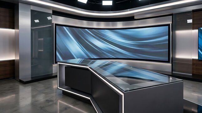 A modern virtual television set with curved screen and glass desk in a sleek studio interior design