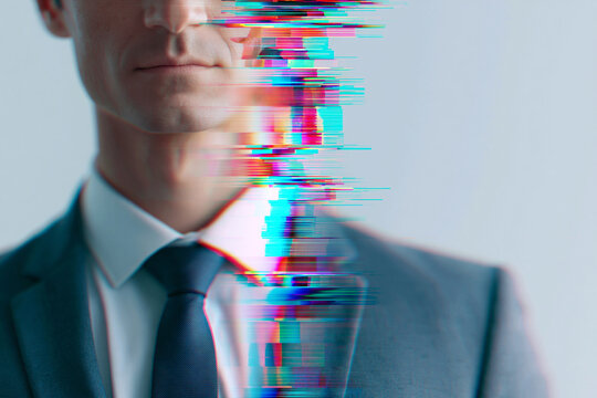 Man in suit faces digital disruption. Glitch effect splits his form with vibrant, chaotic colors. Neutral expression suggests calm amid technological chaos. Ideal for themes of data, transformation