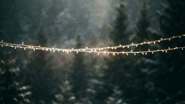 String of christmas lights in snowy winter forest with holiday season christmas eve christmas