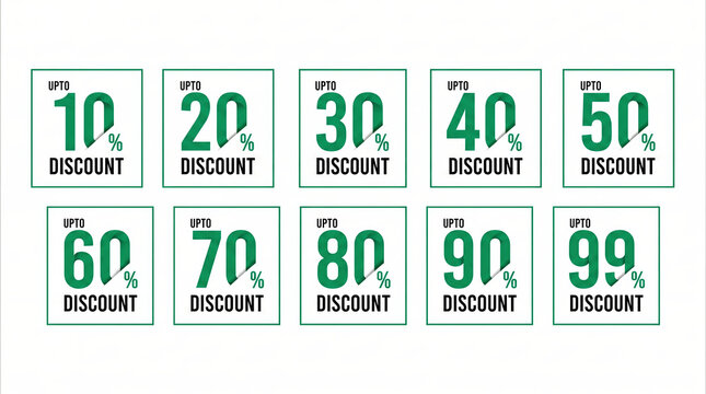 Green discount tag collection, set of 10 promotional sale labels from 10 to 99 percent, retail marketing offer icons