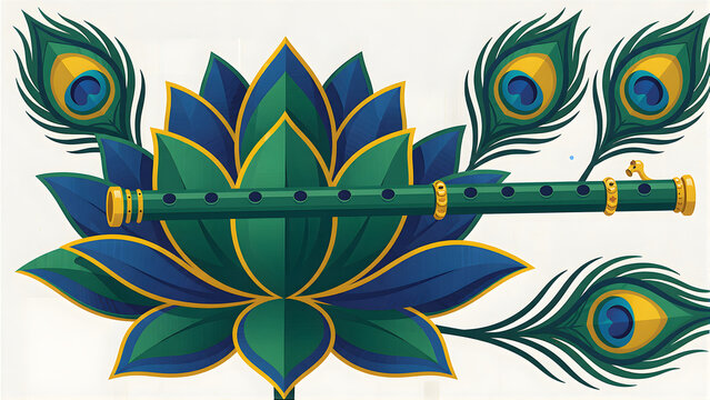 Krishna Bansuri Flute With Lotus And Peacock Feathers - Janmashtami Art