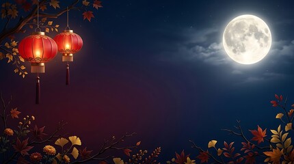 Fototapeta premium A beautiful depiction of the mid autumn festival featuring glowing lanterns and a radiant full moon in the night sky