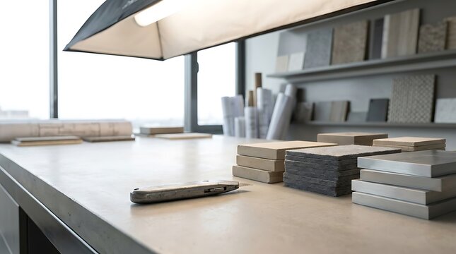 A utility knife vector on an architect workshop table with material samples, tile swatches and blueprints.
