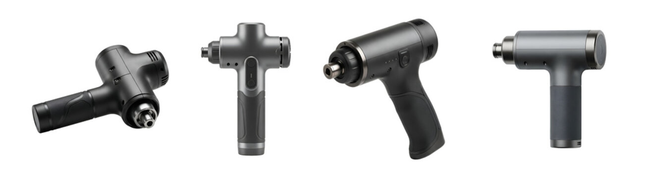 Four different massage guns on transparent background for muscle recovery and relaxation