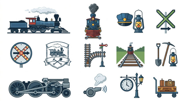 Dynamic Colorful Vintage Train Themed Icons Set Featuring Steam Locomotives Railroad Signs Tools and Accessories
