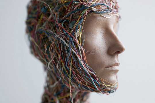 Mannequin head entwined in tangled wires. Soft lighting highlights intricate wire patterns. Colorful wires wrap around sculpted human form. Stills evoke themes of technology and humanity