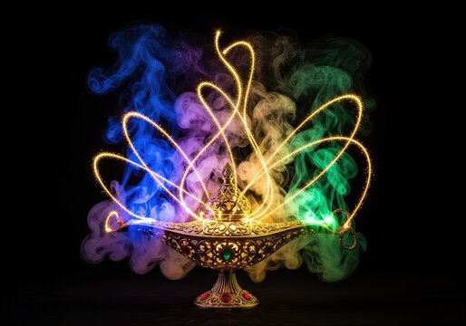 An ornate golden lamp sits amidst shimmering magical smoke and sparkling light trails, capturing the moment of a mystical wish coming true, miracle, metallic, golden