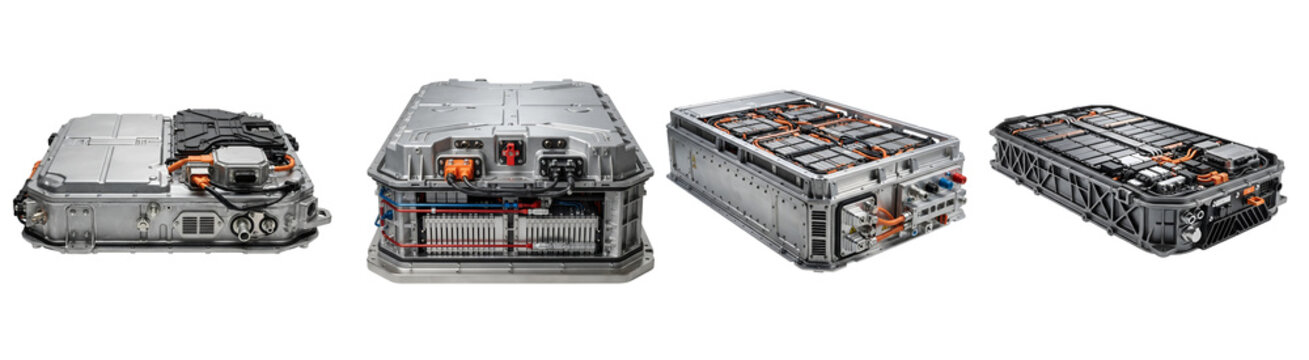 Four different views of a lithium-ion battery pack on transparent background