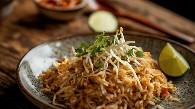 Pad Thai plate with sprouts, cilantro and lime on wood table