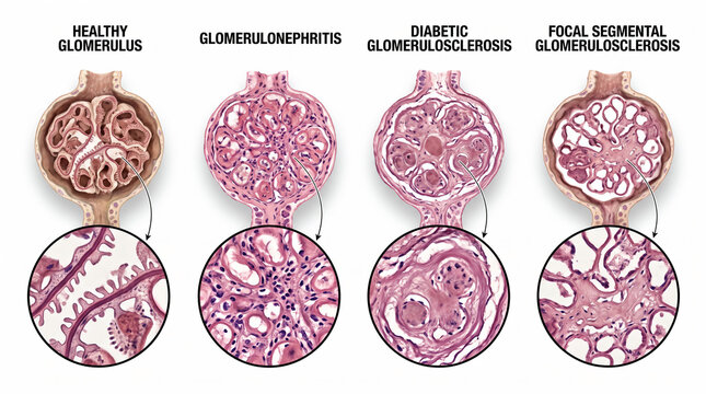 Detailed medical comparison illustrating the structural pathology of healthy kidney glomeruli versus various glomerular diseases, including inflammatory, diabetic, and focal sclerotic changes