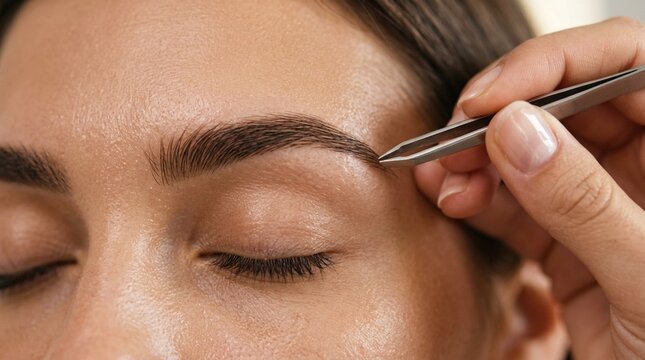 Woman Shaping Eyebrows with Tweezers for Perfect Arch