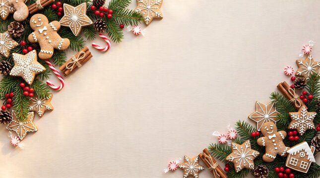 Festive christmas background with gingerbread cookies and pine branches on a light rustic wooden surface