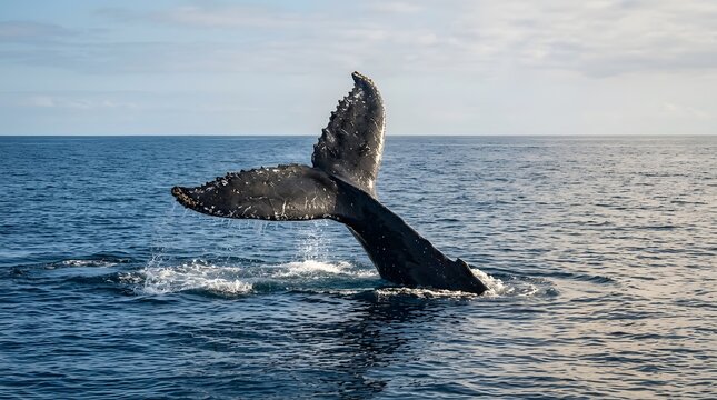 Humpback whale tail fluke breaching calm blue ocean surface during migration under clear sky.