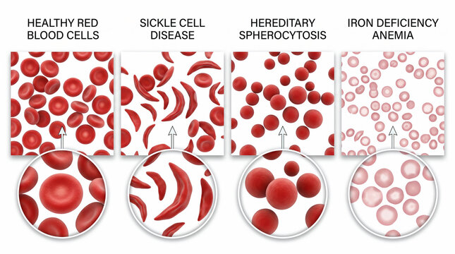 Visual Comparison of Human Red Blood Cell Morphologies Across Healthy States and Common Hematological Disorders An Educational Medical Illustration for Understanding Blood Cell Pathology