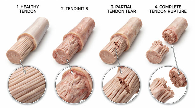 Medical illustration depicting the four distinct stages of tendon injury, from a healthy, intact structure to inflammation, a partial tear, and ultimately, a full tendon rupture