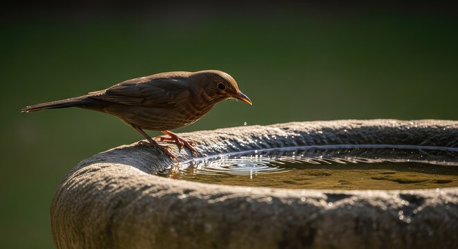 Eine braune Amsel sitzt am Rand einer rustikalen Wasserschale im Garten und trinkt frisches Wasser an einem sonnigen Nachmittag im Freien, Gartenleben, Amsel, braun