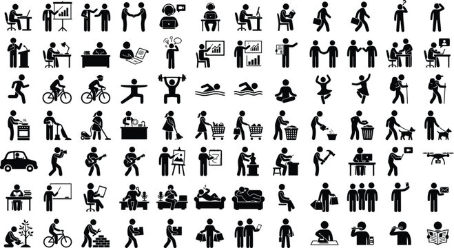 Set of black stick figure icons showing people in various daily life activities and business work situations