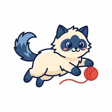 Cute cartoon fluffy Ragdoll or Siamese kitten pouncing mid-air onto a red yarn ball isolated. Adorable blue-eyed cat vector illustration.