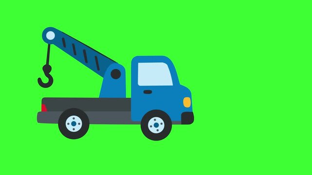 Minimalist 2D Flat Vector Animation of a Blue Tow Truck passing by from left to right on Green Screen Background