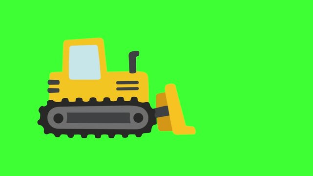 2D Flat Vector Animation of a Yellow Bulldozer on crawling from left to right Green Screen Background