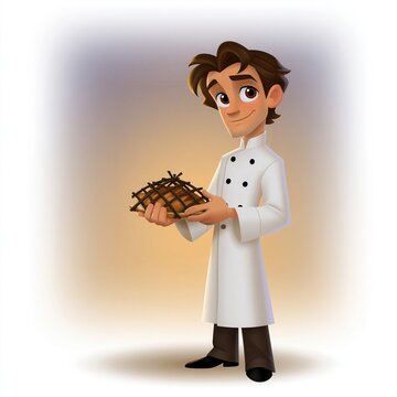 Chef standing in a white jacket while holding a freshly baked loaf of artisan bread.