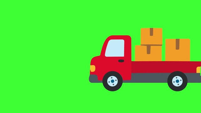 2D Flat Vector Animation of a Red Pickup Truck Carrying Boxes passing by fromt right to the left screen on Green Screen