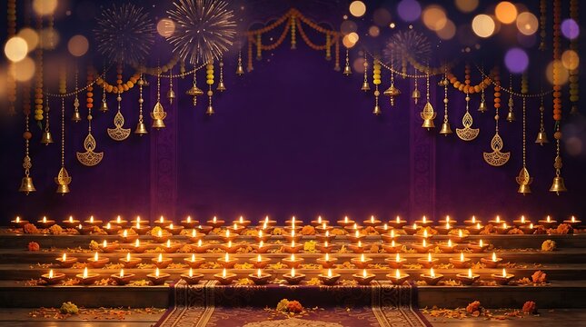 Rows of glowing clay oil lamps on steps with traditional hanging decorations and fireworks in the dark purple night sky for diwali festival