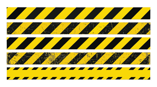 Bold yellow and black hazard warning stripes display various weathered textures and geometric patterns on five long rectangular adhesive strips
