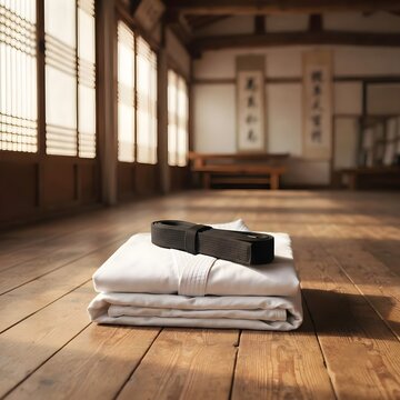 전통 한옥 마루 위에 단정히 개켜진 도복과 검은 띠A neatly pinned-up dobok and black sash on the wooden floor of a traditional hanok