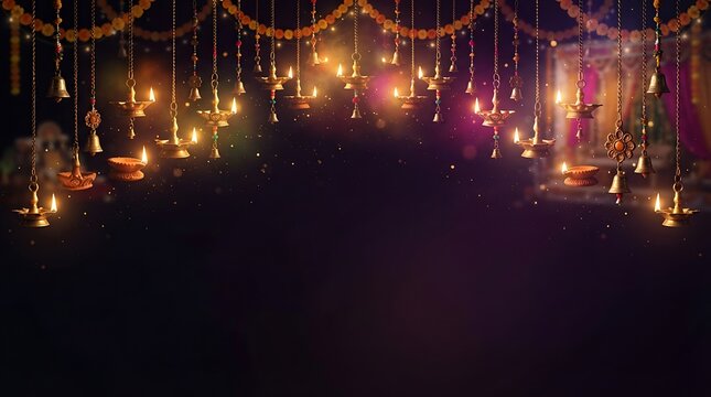 Traditional brass oil lamps hanging from chains against a dark background, with warm glowing, light and festive, marigold flower decorations above