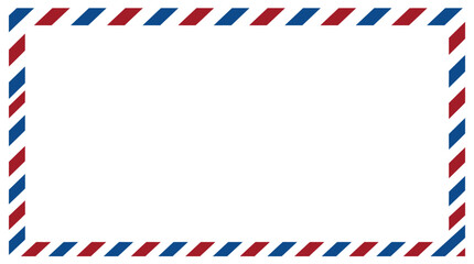 Obraz premium Rectangular airmail paper envelope template with distinctive blue and red diagonal striped border patterns isolated on a clean white background