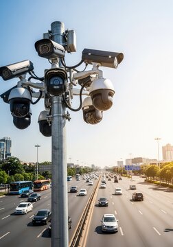 Multiple modern security cameras mounted on a tall metal pole overlooking a busy asphalt road to monitor traffic flow and urban safety, equipment, system, wireless