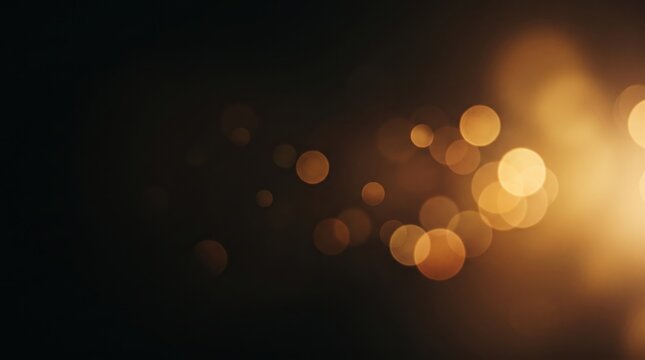 Abstract golden bokeh light effect on dark background, featuring soft out of focus circular orbs creating warm festive atmosphere perfect for holiday or celebration designs