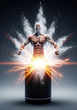 Powerful muscular form emerging dynamically from a supplement container with explosive force, amidst fine white dust and glowing energy rays, muscular, metabolic, vigorous