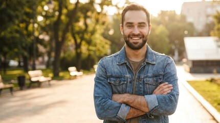 Obraz premium A man with a beard wearing a denim jacket, standing outdoors with his arms crossed, smiling at the camera.