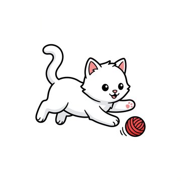Cute cartoon pure white kitten running and pouncing towards a rolling red yarn ball. Playful cat vector character art.