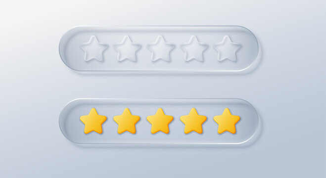 Sleek glass UI button showcasing luminous star rating system. Frosted transparent design with modern morphism effect, perfect for digital interfaces and contemporary web apps.