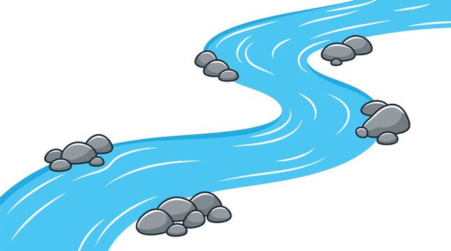 Winding blue river flowing through smooth gray river stones depicted in a clean vibrant flat vector illustration for graphic projects