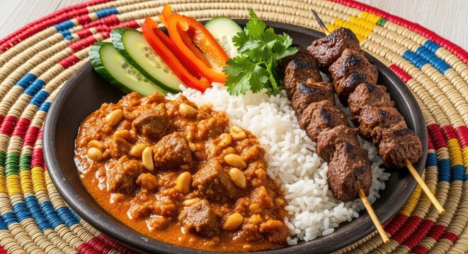 Traditional creamy peanut stew served over rice with grilled meat skewers and fresh vegetables on a vibrant woven mat in soft daylight, sauce, traditional, natural