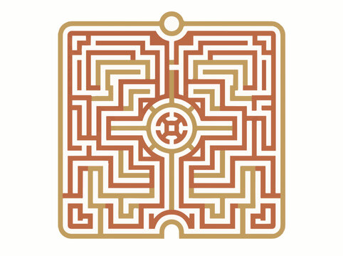 Complex square maze vector pattern with geometric brown lines for problem solving and strategic solution concept design projects