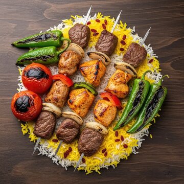 Top view of grilled meat skewers with yellow saffron rice, grilled tomatoes, and green peppers served on a dark brown rustic table surface, barbecue, gourmet, rustic