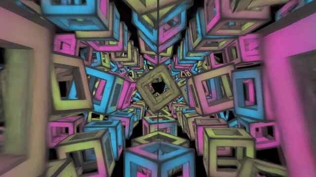 Neon glowing cube frames in dark abstract space.