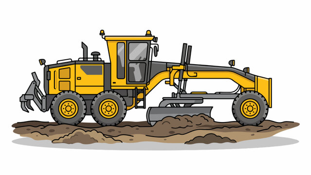 Yellow motor grader heavy construction machinery leveling ground in a vector illustration