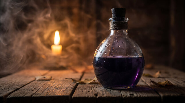 Mystical purple potion bottle on an old wooden table with a glowing candle and smoke in a dark room