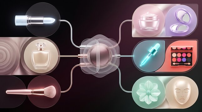 Professional beauty product workflow visualization with interconnected skincare and makeup components highlighting digital transformation in the modern cosmetics industry