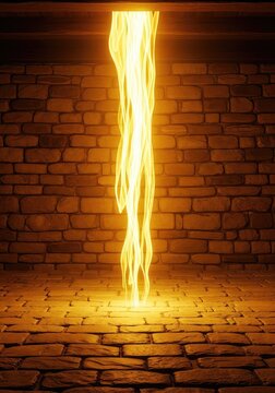 Vibrant tongues of golden fire descend from a radiant light source above into a rustic stone room filled with a warm and divine atmosphere, faith, architecture, transcendent
