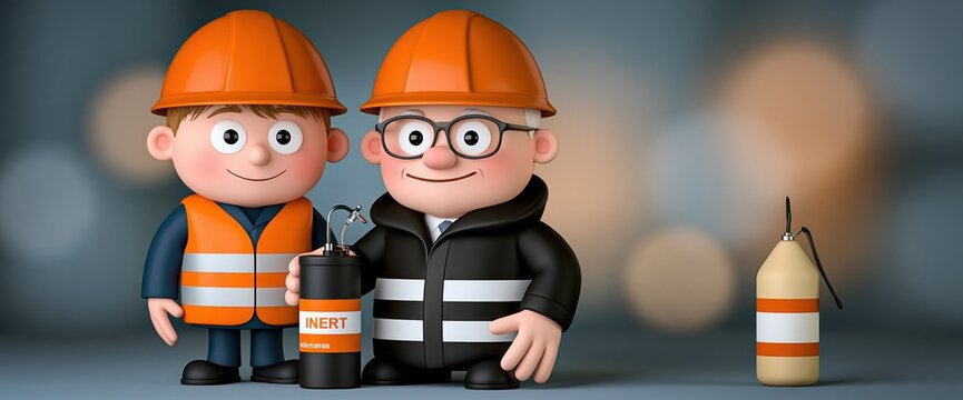Two cartoon construction workers wearing safety helmets stand beside canisters on a blurred studio background.